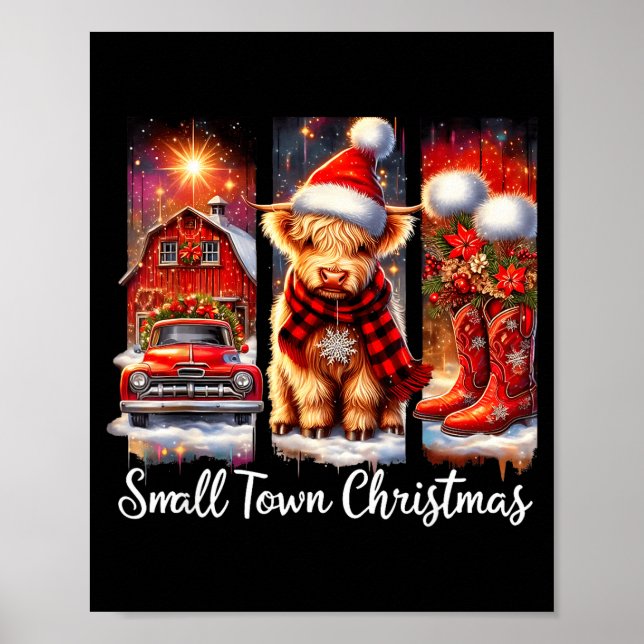 Affiche Small Town Christmas Highland Cow Western Art  (Devant)