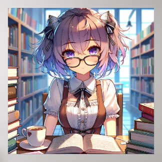 Affiche Smart Anime Girl in Library Reading Books