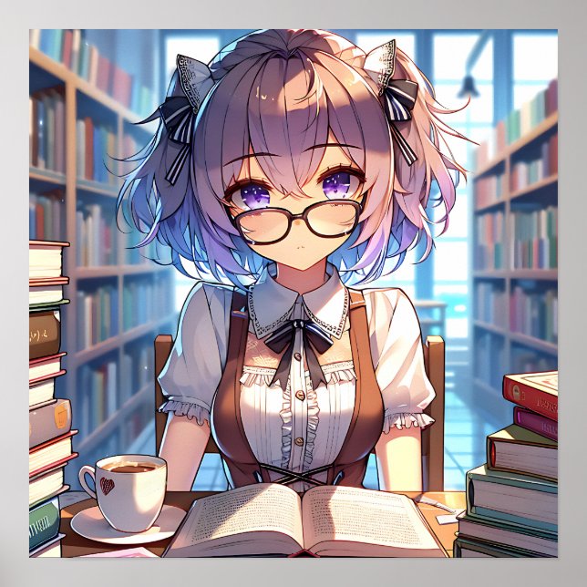 Affiche Smart Anime Girl in Library Reading Books (Devant)