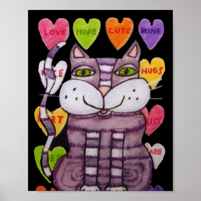 Affiche Smiling Purple Valentine Cat Candy Hearts Black (Devant)