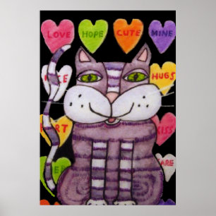 Affiche Smiling Purple Valentine Cat Candy Hearts Black