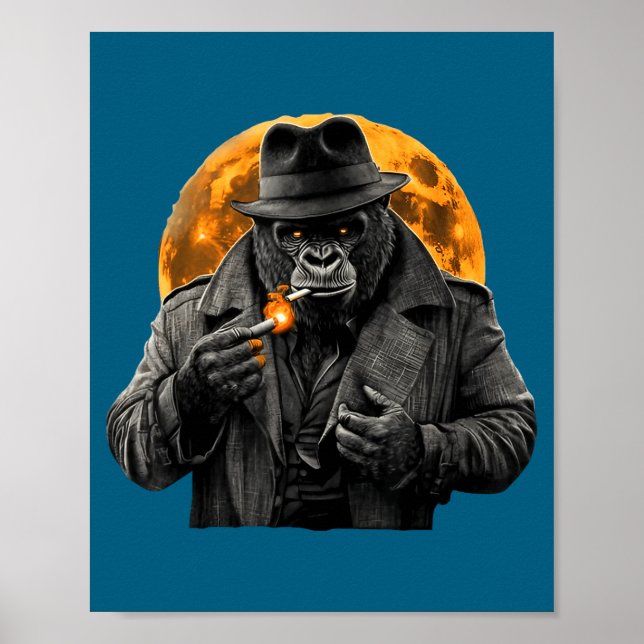Affiche Smoking Gorilla In Trench Coat With Orange Moon Ar (Devant)