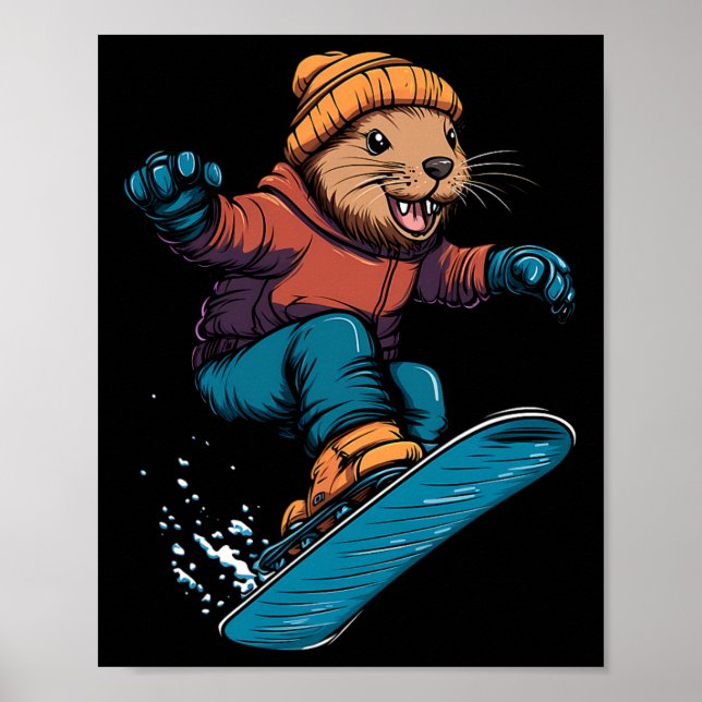 Affiche Snowboard Animaux - Castor Sur Snowboard Snowbo (Devant)