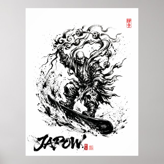 Affiche Snowboard Brush Art - Snowboarder Raijin God (Devant)