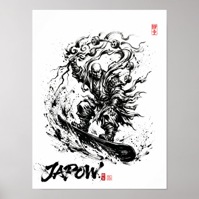 Affiche Snowboard Brush Art - Snowboarder Raijin God (Devant)