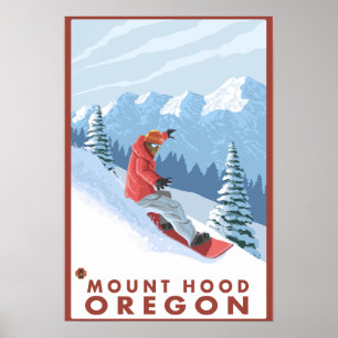 Affiche Snowboarder Scender - Mount Hood, Oregon