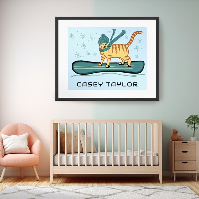 Affiche SNOWBOARING Tabby Cat Drôle NOM PERSONNALISÉ Nurse (SNOWBOARDING Tabby Cat Funny CUSTOM NAME Nursery Poster - personalize w your own text or baby name)