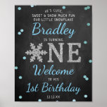 Affiche Snowflake Winter Chalkboard 1st Birthday Welcome<br><div class="desc">Celebrate in style with this trendy 1st birthday welcome sign. The design is easy to personalize with your own wording and your family and friends will be thrilled when they see this fabulous party sign. Matching party items can be found in the collection.</div>