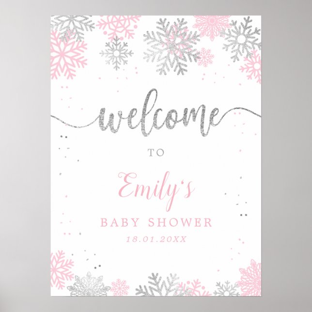 Affiche Snowflakes Pink Silver Girl Baby shower Bienvenue (Devant)