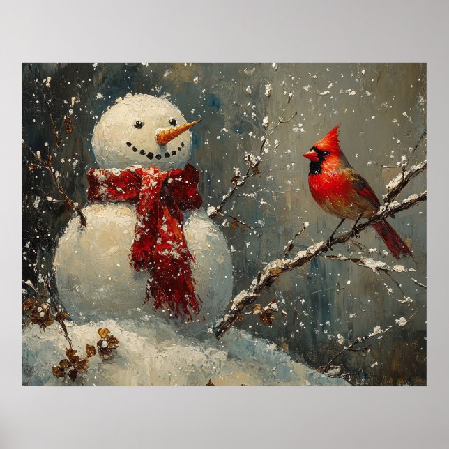 Affiche Snowman and a Cardinal Oil Painting (Devant)