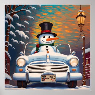Affiche Snowman dans une voiture convertible
