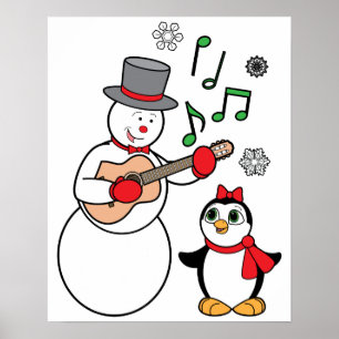Affiche Snowman de Noël, Penguin et Guitare