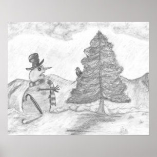 Affiche Snowman Grayscale Crayon dessin de la scène de Noë