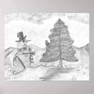 Affiche Snowman Grayscale Crayon dessin de la scène de Noë