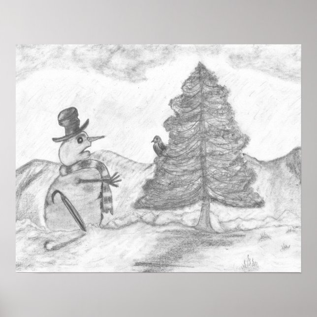 Affiche Snowman Grayscale Crayon dessin de la scène de Noë (Devant)