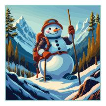 Snowman grimpe dans les montagnes à Noël