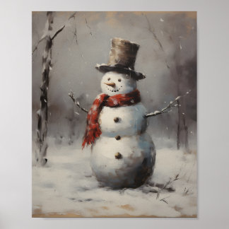Affiche Snowman Souriant Portant Casquette & Écharpe Rouge