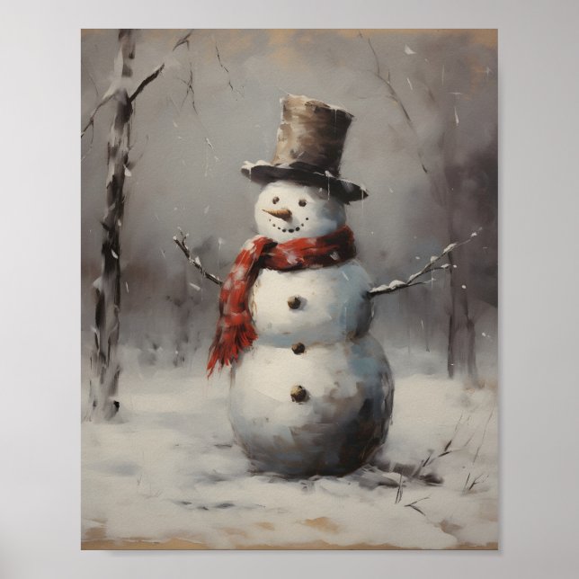 Affiche Snowman Souriant Portant Casquette & Écharpe Rouge (Devant)
