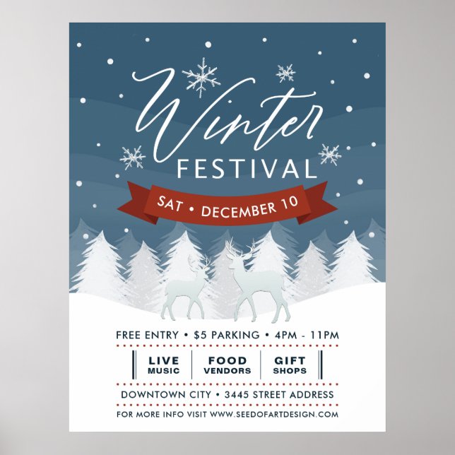 Affiche Snowy Blue Winter Festival Trees & Deer Event (Devant)