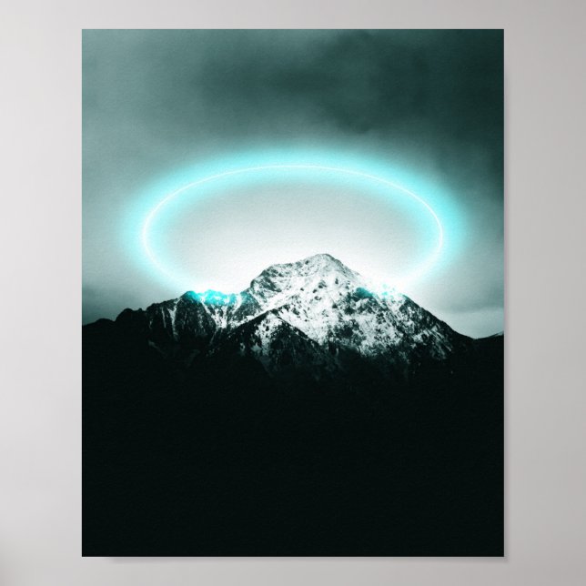Affiche Snowy mountain mysterious blue neon light (Devant)