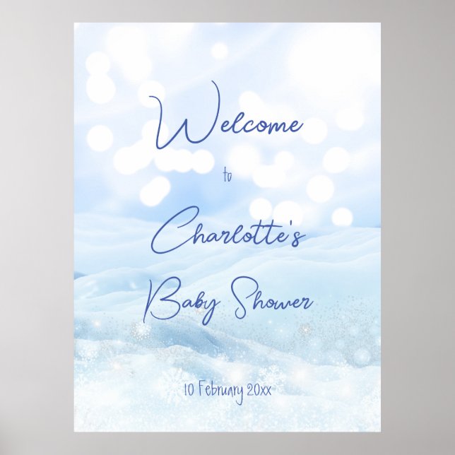 Affiche Snowy pastel blue bokeh baby shower d'hiver accuei (Devant)