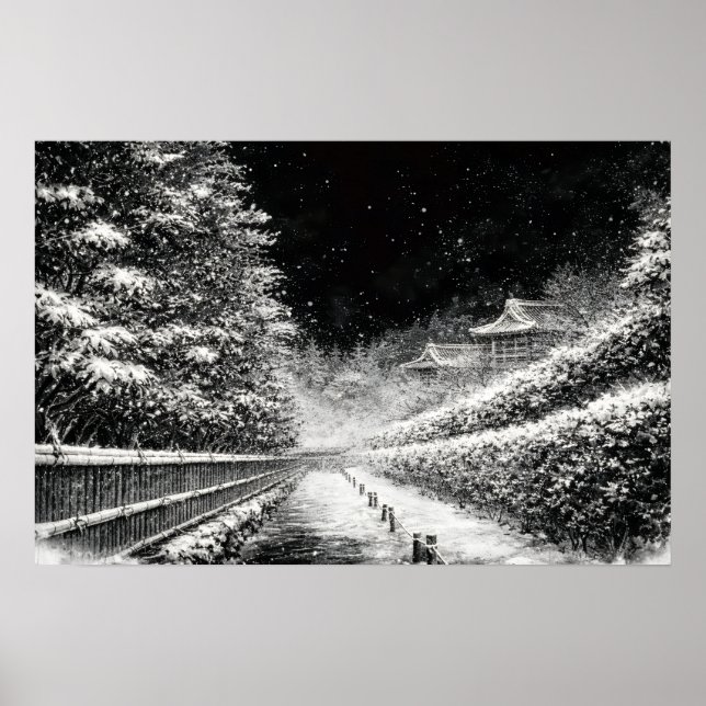 Affiche Snowy Temple Path at Night – Japanese Zen Wall Art (Devant)