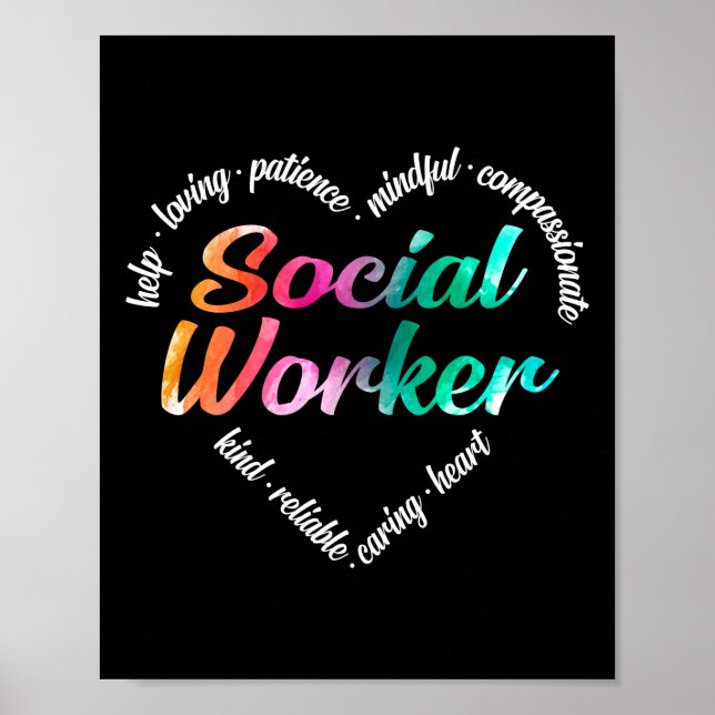 Affiche Social Worker Heart Word Cloud Aquarelle Arc-en-ci (Devant)