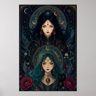 Affiche Sœurs sorcières – Fantaisie Art Nouveau gothique