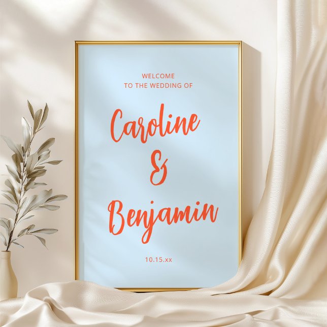 Affiche Soft Blue Orange Script NamesWedding Welcome Sign  (Créateur téléchargé)