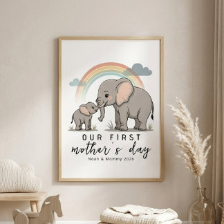 Affiche Soft Elephant Mom Baby First Mothers Day Calm Art