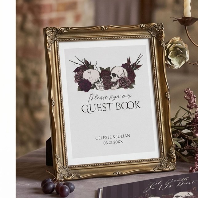 Affiche Soft Gothic Skulls & Roses Guest Book Sign (Moody mauve maroon gothic skulls and roses hand-drawn illustration in black ink for gothic wedding)