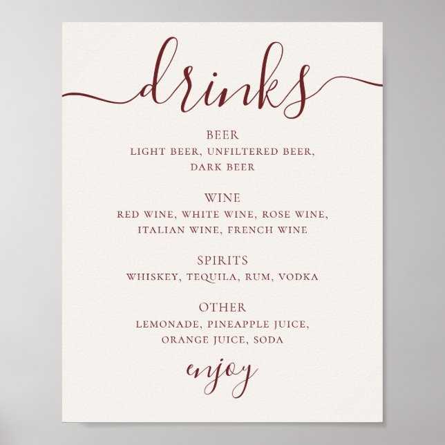 Affiche Soft Ivory Wedding Drinks Menu | Script Bar Sign (Devant)