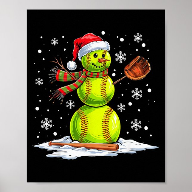 Affiche Softball Snowman Softball Player Santa Hat Christm (Devant)