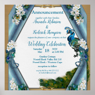 Affiche Soie bleu-vert métallique - Plumes de Peacocks or