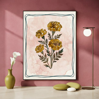 Affiche Soin Botanique Vintage Souci et Aquarelle Rose