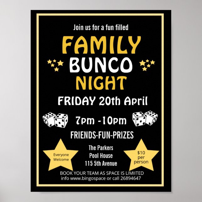 Affiche Soirée bunco famille, fête bunco PTA événement PTO (Devant)