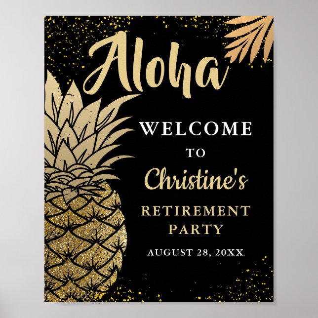 Affiche Soirée de retraite en ananas noir Gold Bienvenue (Devant)