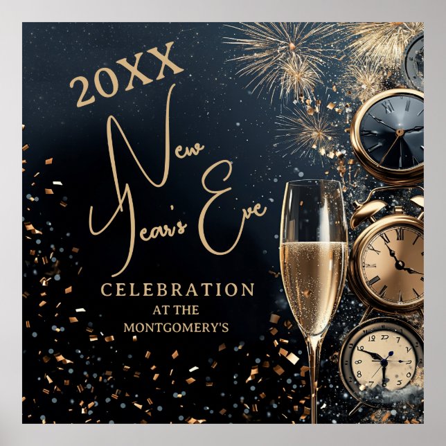 Affiche Soirée du Nouvel An Champagne et Horloges Chic (Devant)
