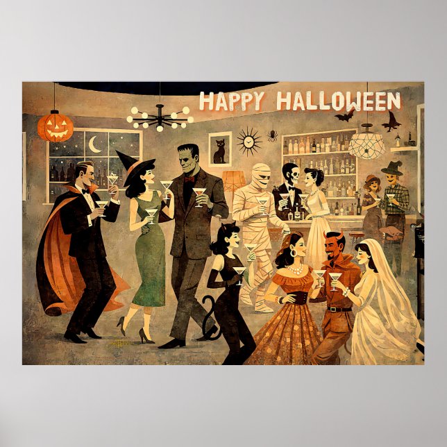 Affiche Soirée Martini Halloween Rétro Milieu de Siècle 40 (Devant)