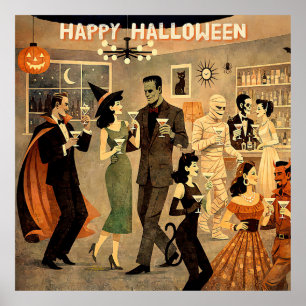 Affiche Soirée Martini Halloween Rétro Milieu de Siècle 40