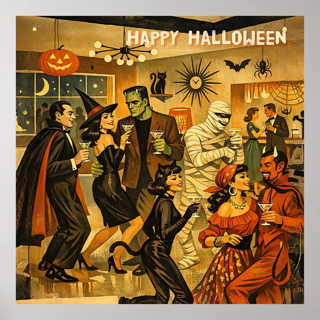 Affiche Soirée Martini Halloween Rétro Milieu de Siècle 50 (Devant)
