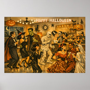 Affiche Soirée Martini Halloween Rétro Milieu de Siècle 50