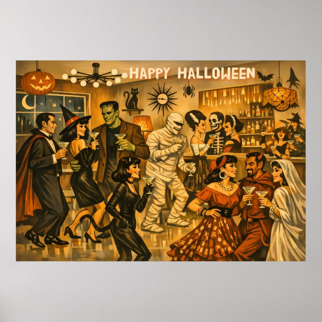 Affiche Soirée Martini Halloween Rétro Milieu de Siècle 50 (Devant)