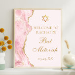 Affiche Soirée personnalisée Bat mitzvah d'âge rose<br><div class="desc">Une agate rose et or chic orne le côté de cet élégant poster de bienvenue Bat mitzvah. Le nom de votre fille est écrit dans une belle écriture formelle sous l'Étoile de David. Décor parfait pour une famille juive chic célébrant une fille appelée à la Torah.</div>
