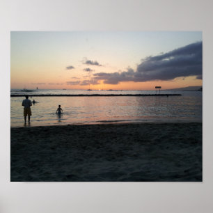 Affiche Soirée Sunset Plage tropicale Waikiki Oahu Hawaii