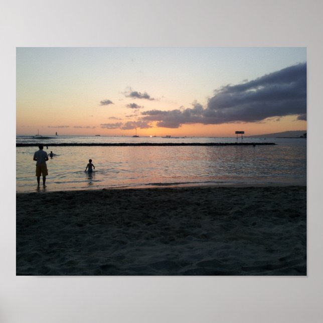Affiche Soirée Sunset Plage tropicale Waikiki Oahu Hawaii (Devant)