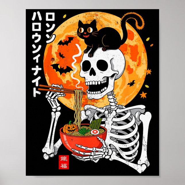 Affiche Soky Skeleton Eating Ramen Bowl With Cat Halloween (Devant)