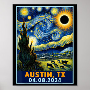 Affiche Solar Eclipse 2024 Austin Texas Van Gogh Starry Ni