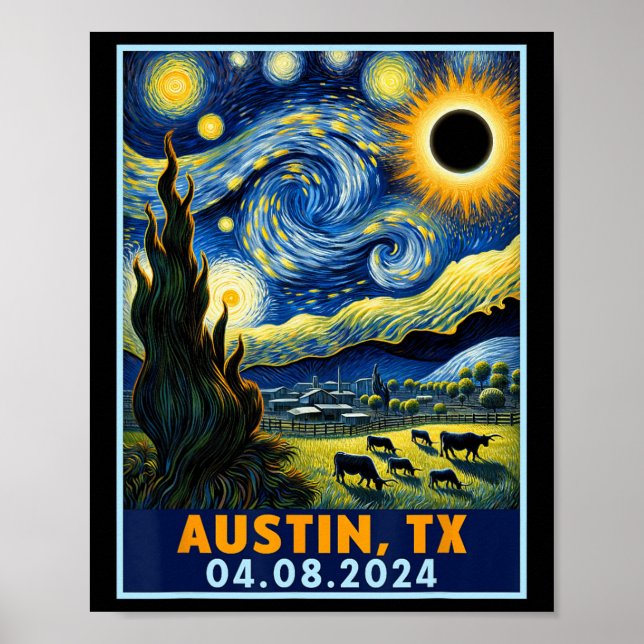 Affiche Solar Eclipse 2024 Austin Texas Van Gogh Starry Ni (Devant)