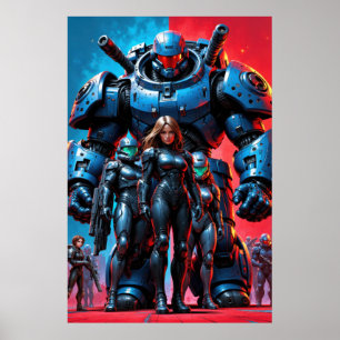Affiche soldats futuristes et robot blindé dans une scienc